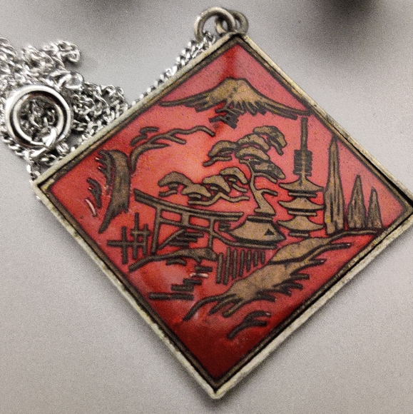 Vintage Japan Enamel Damascene Style Necklace and Earrings Set - Picture 13 of 15